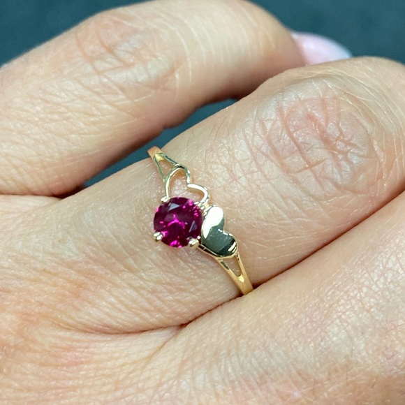 Solid 14K Yellow Gold Red Heart CZ Engagement Ring - Picture 1 of 14